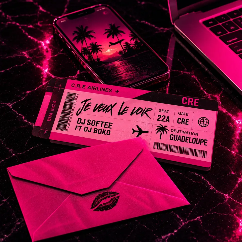 "Je veux le voir" cover art: a pink boarding pass for DJ Softee and DJ Boko, destination Guadeloupe, next to a phone and an envelope sealed with a kiss