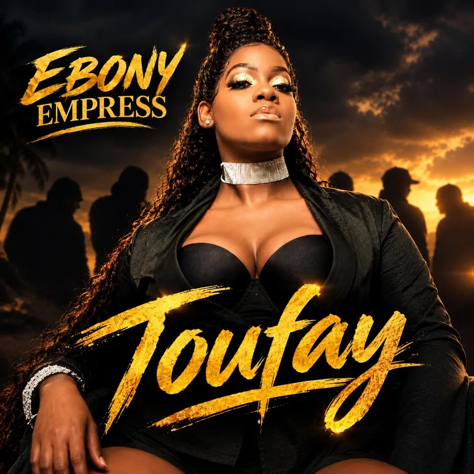 "Toufay" cover art: Ebony Empress in a black outfit against a sunset sky, silhouettes in the background, the title written in gold letters