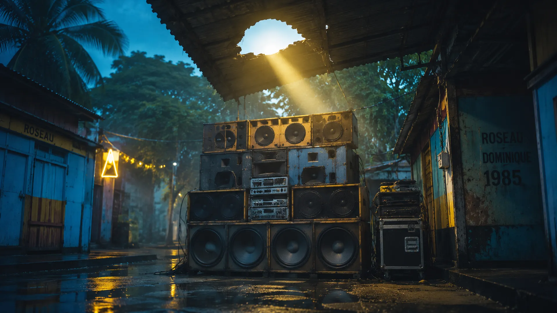 Sound system de carnaval ancien dans les rues de Roseau, La Dominique 1985, à l'aube — haut-parleurs en bois empilés, brouillard léger, palette bleu nuit avec lampe jaune chaude