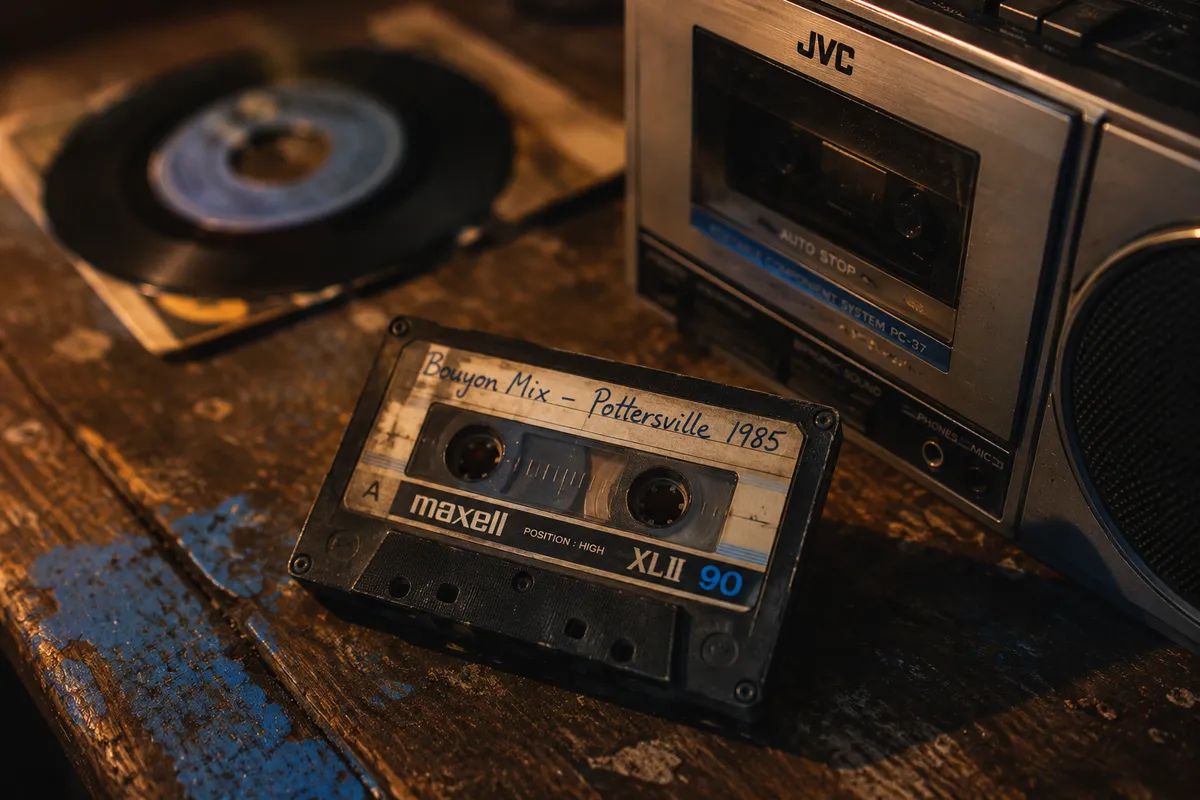 Cassette audio Maxell XLII vintage et boombox JVC posés sur une table en bois, vinyle 45 tours en arrière-plan, ambiance tungstène chaude, intimité d'un studio improvisé à Pottersville