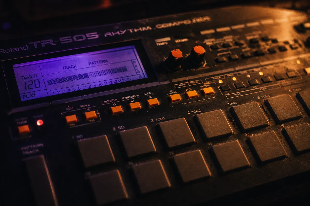 Boîte à rythmes Roland TR-505 de 1986 en gros plan, écran LCD bleu-violet allumé montrant un pattern à 120 BPM, boutons orange illuminés, pads gris caoutchouc, lumière tungstène chaude