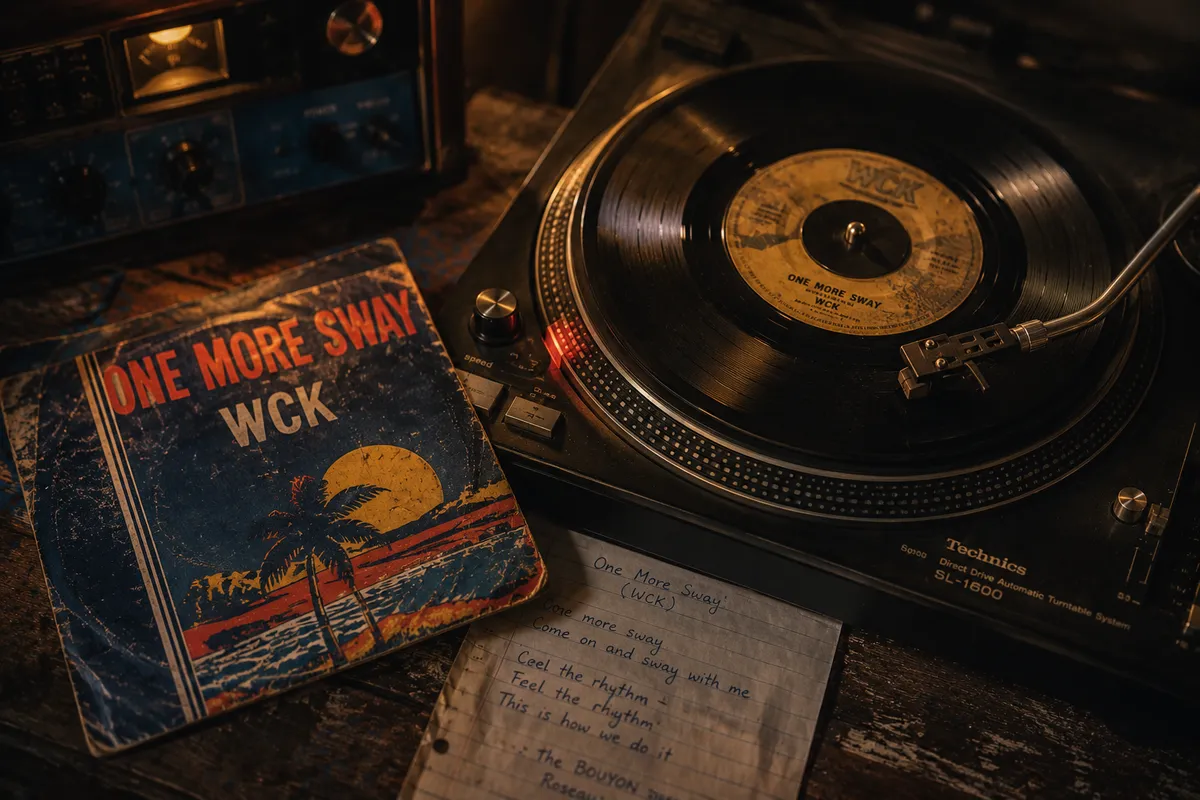 Disque vinyle 45 tours WCK posé sur platine vintage des années 80 avec pochette manuscrite One More Sway, paroles à l'encre bleue, lumière tungstène dorée, table en bois usé