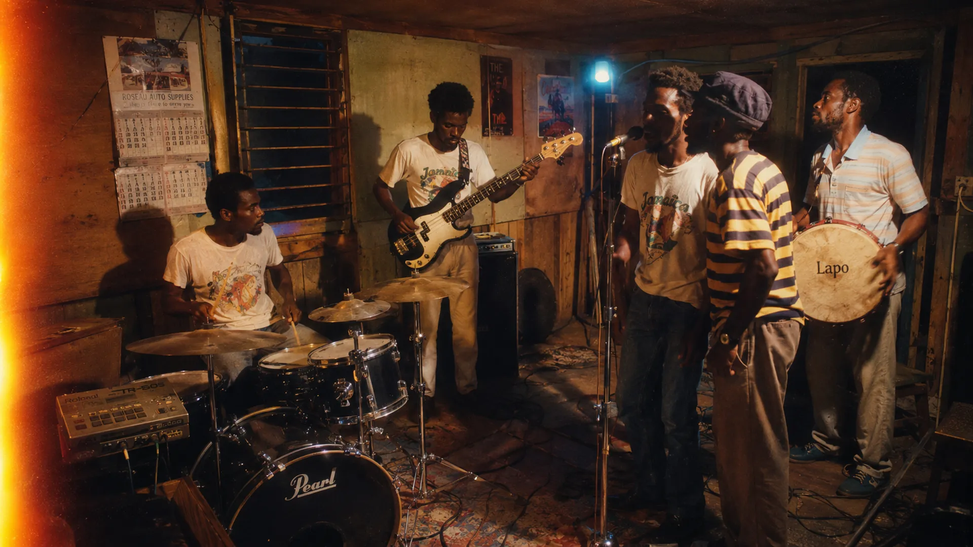 Five musicians from the WCK band rehearsing in a small room in Grand Bay, Dominica, around 1990, drum kit with a Roland TR-505 on top, electric bass, two singers sharing one mic, lapo kabwit, warm tungsten ambience with a cool blue accent