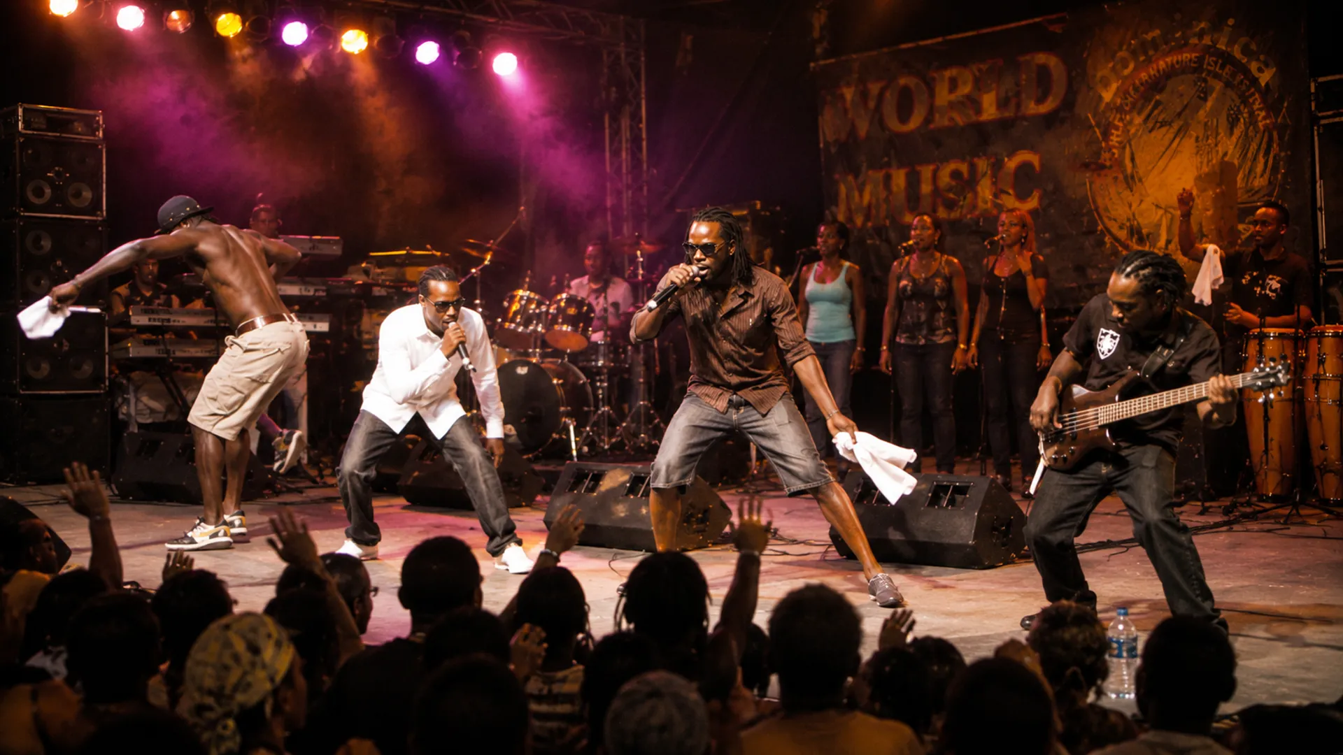 Dix musiciens du groupe Triple Kay International sur une scène de carnaval à Roseau La Dominique vers 2005, claviériste à gauche avec un rack de claviers, deux lead vocalistes au centre sur double micro, trois choristes, batterie tom-heavy, basse, percussionniste sur lapo kabwit, foule visible en avant-plan vue de dos, baffles de sound system des deux côtés, lumière tungstène ambre + néon magenta + bleu de scène