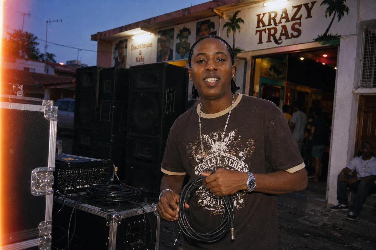 Mid-shot of a Caribbean event organizer plugging cables and setting up PA gear in 2007 in front of a small Guadeloupean venue (Krazy Tras style), partly visible signage, dusk light, organizational energy, calm before the night begins