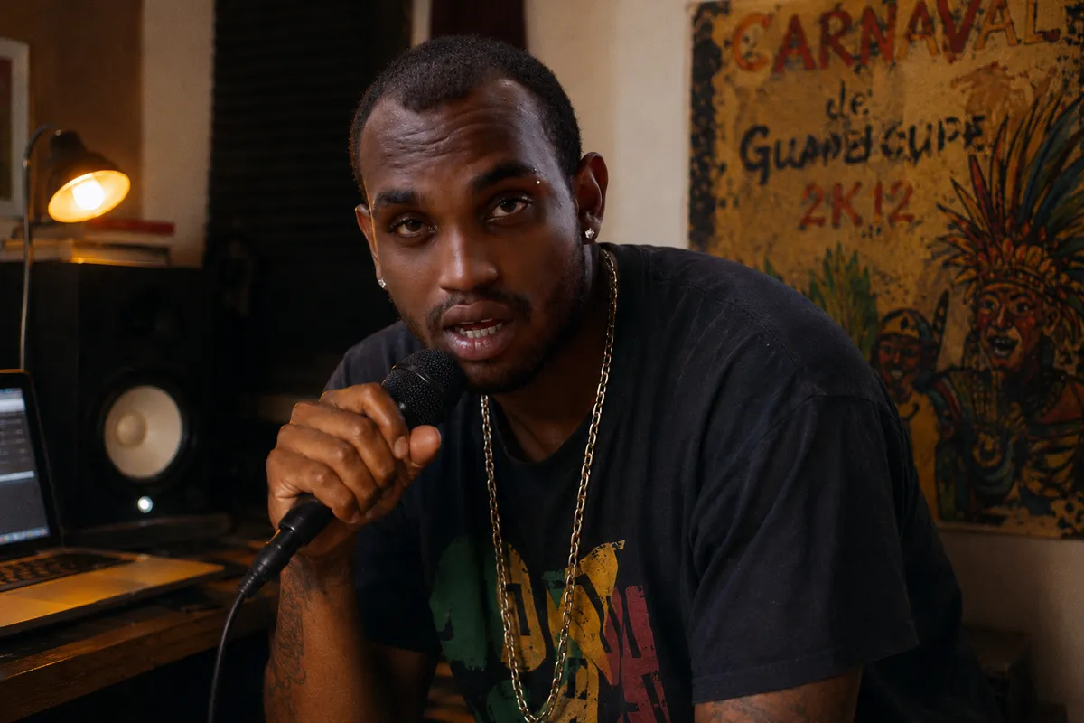 Intimate portrait of a young Caribbean male artist in his early thirties around 2012, locks, microphone in hand mid-recording session, small home studio in Guadeloupe, single tungsten lamp lighting from the side, hand-painted poster of a Caribbean carnival on the wall behind, eye contact, calm intensity