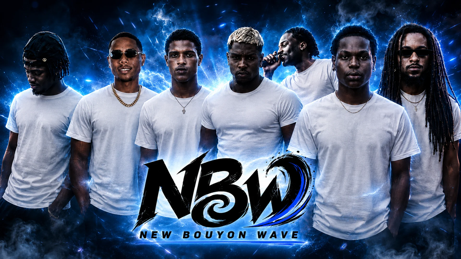 Composition héroïque de la New Bouyon Wave, huit jeunes artistes guadeloupéens rassemblés comme une équipe musicale sur une image bleue cinématique