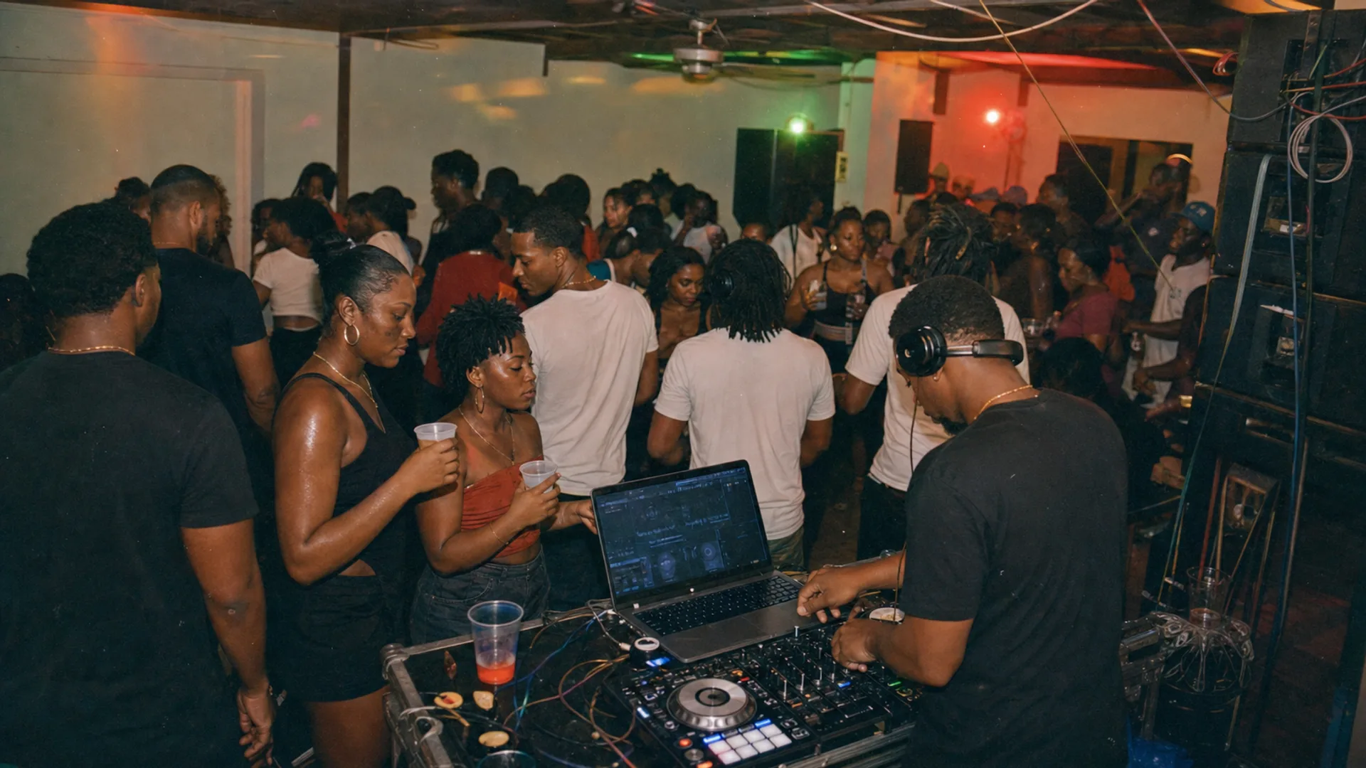 Bouyon night building up, with club lights, a DJ table and crowd energy before the peak
