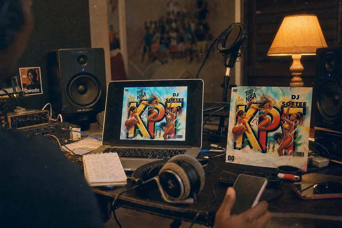 Studio staging of the KPT cover with computer, microphone, headphones and production gear in Guadeloupe