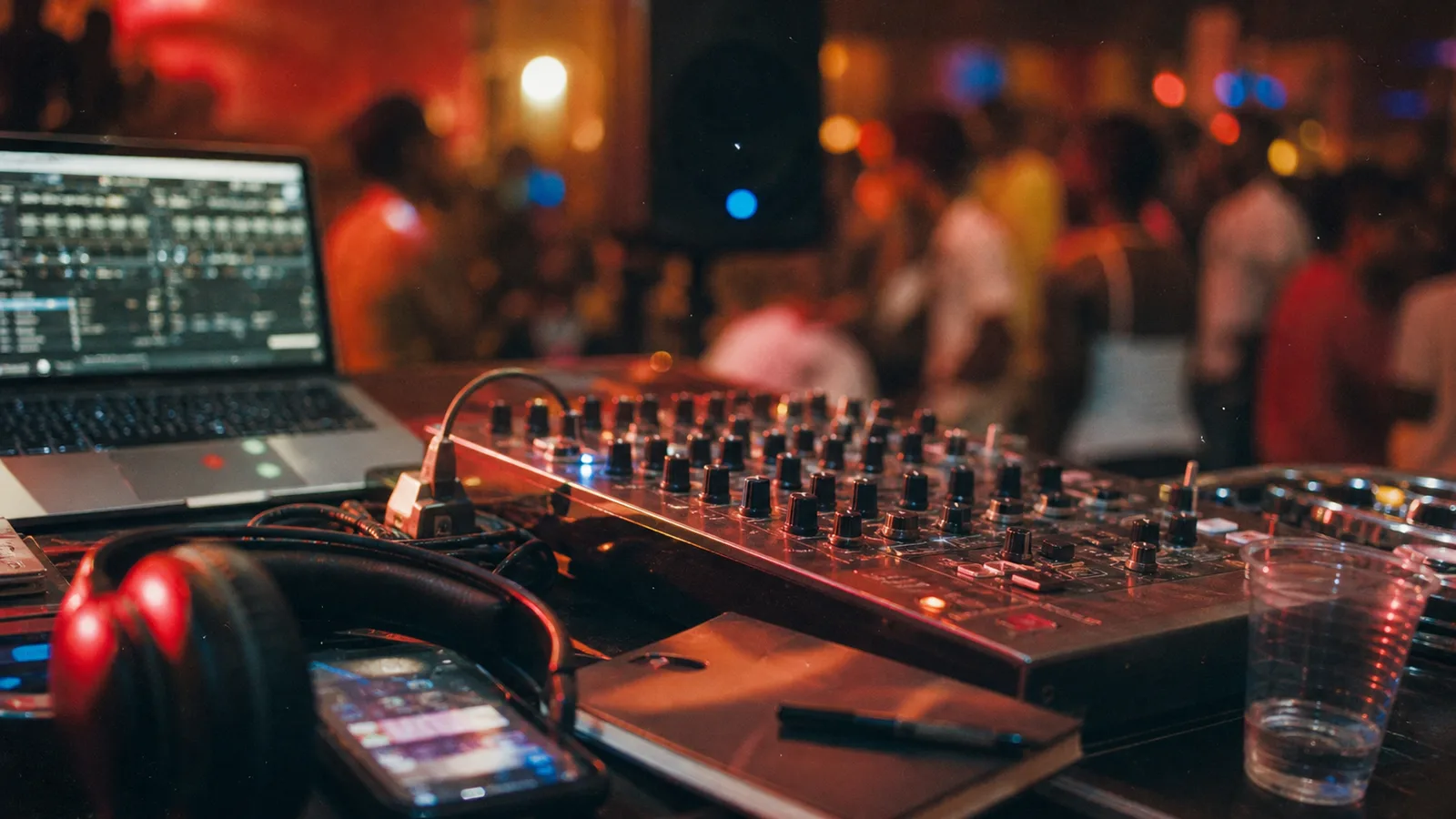 Close-up of decks, audio waveform and tempo markers, illustrating Warm Up's DJ and platform function