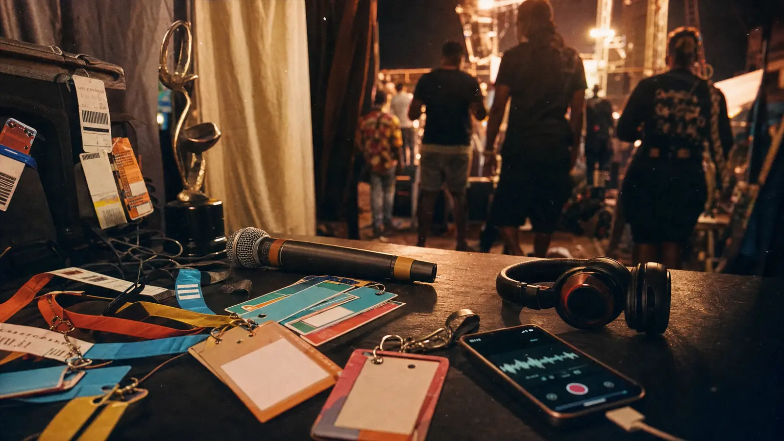 Festival backstage table with microphone, wristbands, blurred passes, headphones, subtle trophy and stage light