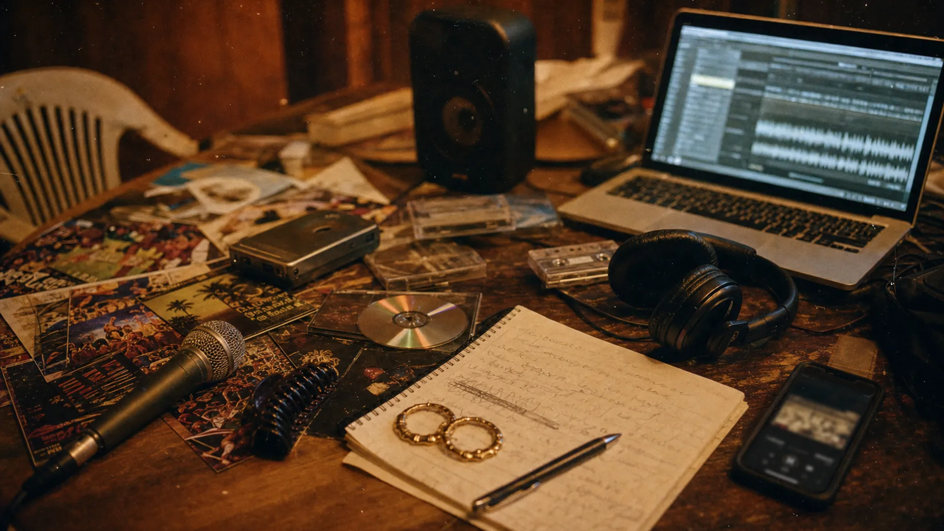 Caribbean music archive table with blurred flyers, CDs, cassette tapes, microphone, headphones, laptop and personal objects, with no faces