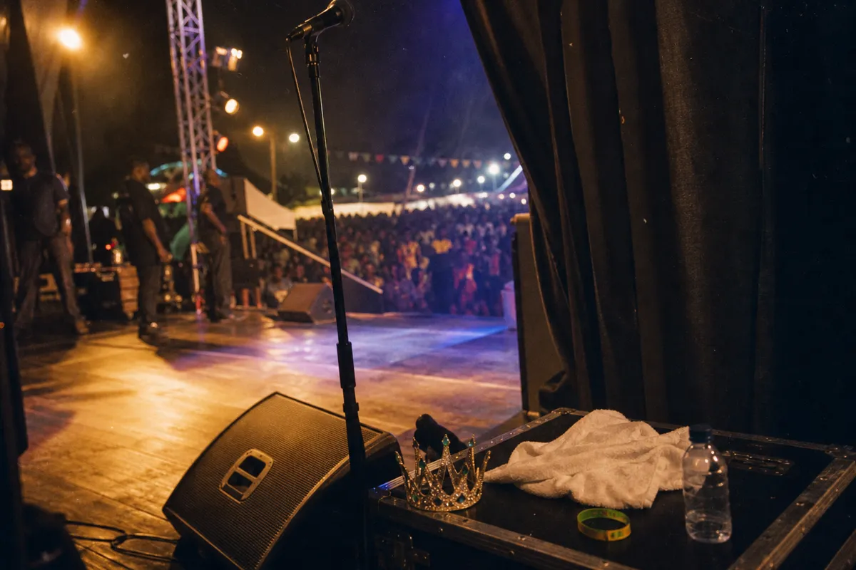 Backstage at a Dominican Bouyon competition with microphone, stage monitor, towel, wristband and small crown prop on a speaker case