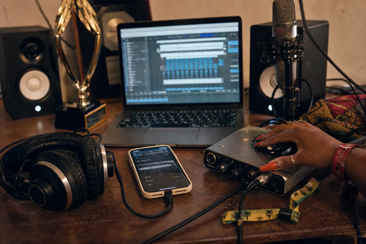 Guadeloupean home studio desk with laptop, blurred smartphone, audio interface, microphone, headphones, cables and a hand on a volume knob
