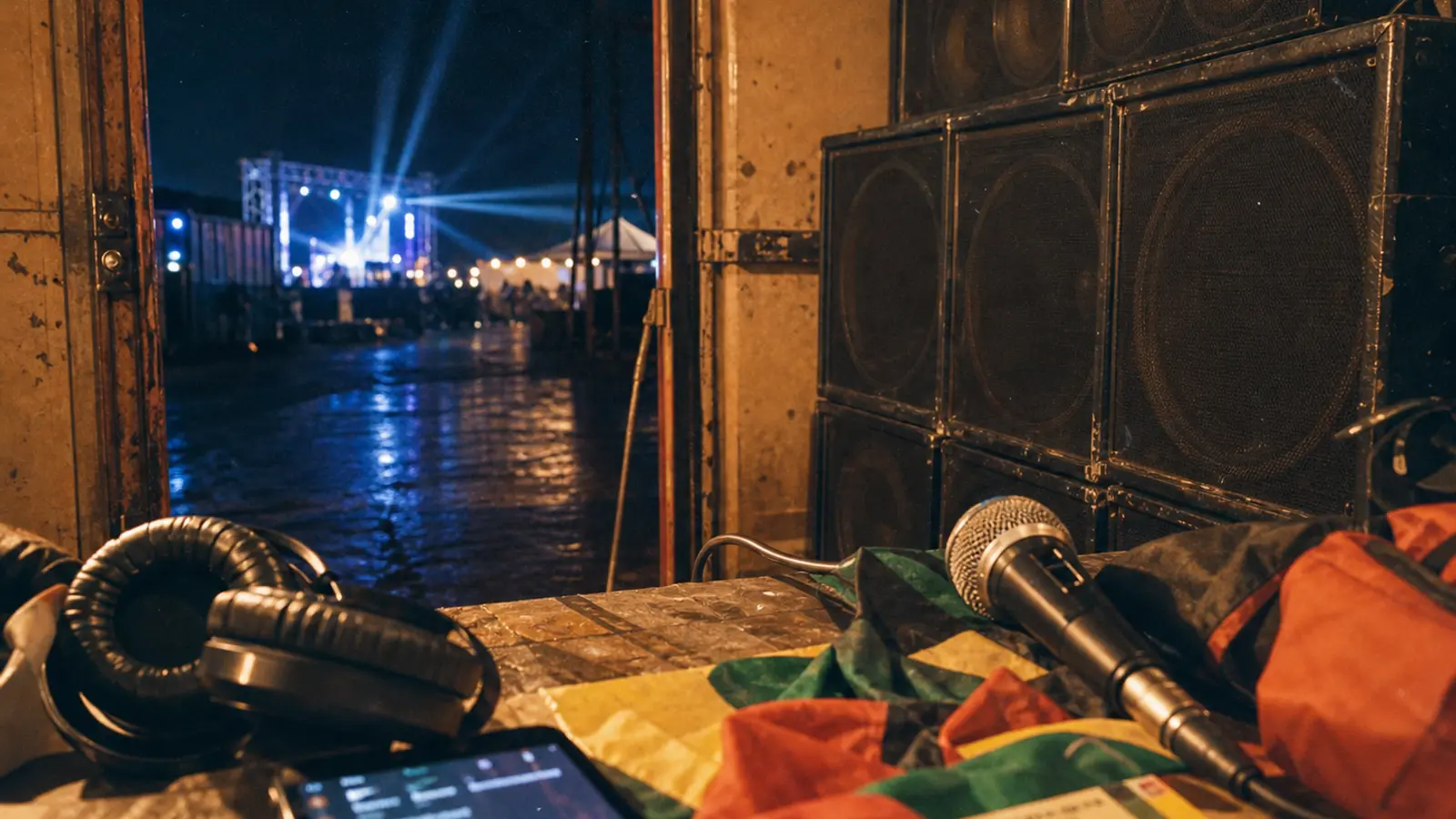 Caribbean speaker stack facing an open doorway toward festival lights, with microphone, headphones, blurred phone and unreadable pass