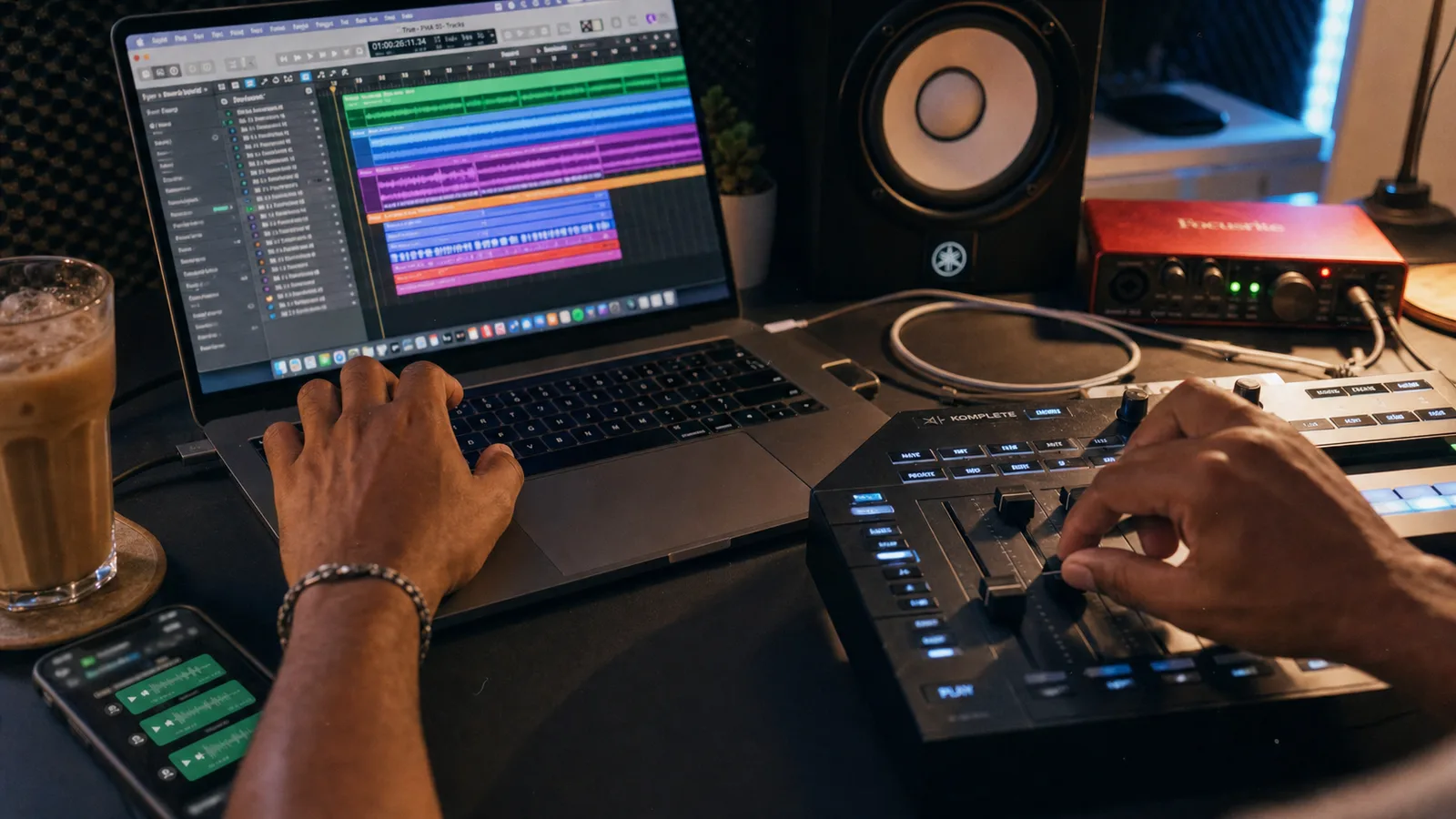 Mains d'un producteur sur un contrôleur MIDI et un ordinateur portable dans un home-studio moderne en Guadeloupe, 2026