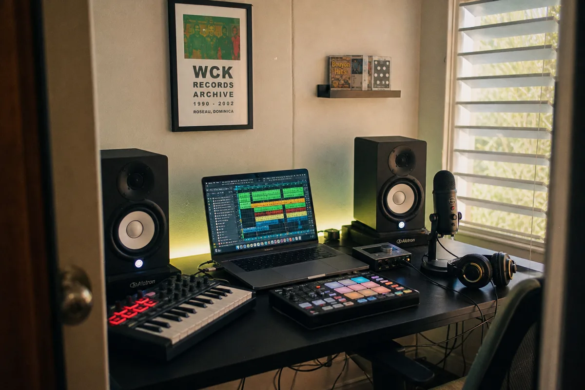 Home-studio moderne à Roseau avec laptop, contrôleur MIDI, enceintes de monitoring et affiche d'archive WCK