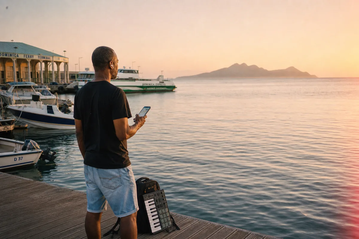 Producteur dominicain de dos près du terminal ferry, smartphone en main, regardant vers l'horizon entre les îles