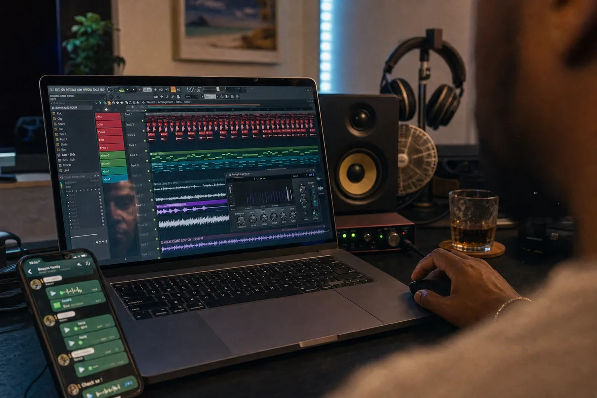 Écran d'ordinateur portable montrant une session FL Studio moderne avec un riddim bouyon ouvert et des notes vocales WhatsApp