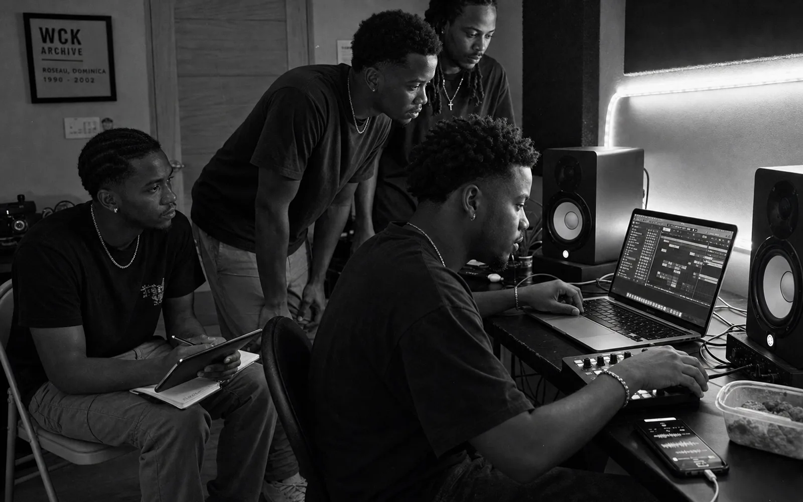 Studio collectif moderne aux Abymes avec jeunes producteurs guadeloupéens autour d'un laptop et d'un contrôleur MIDI