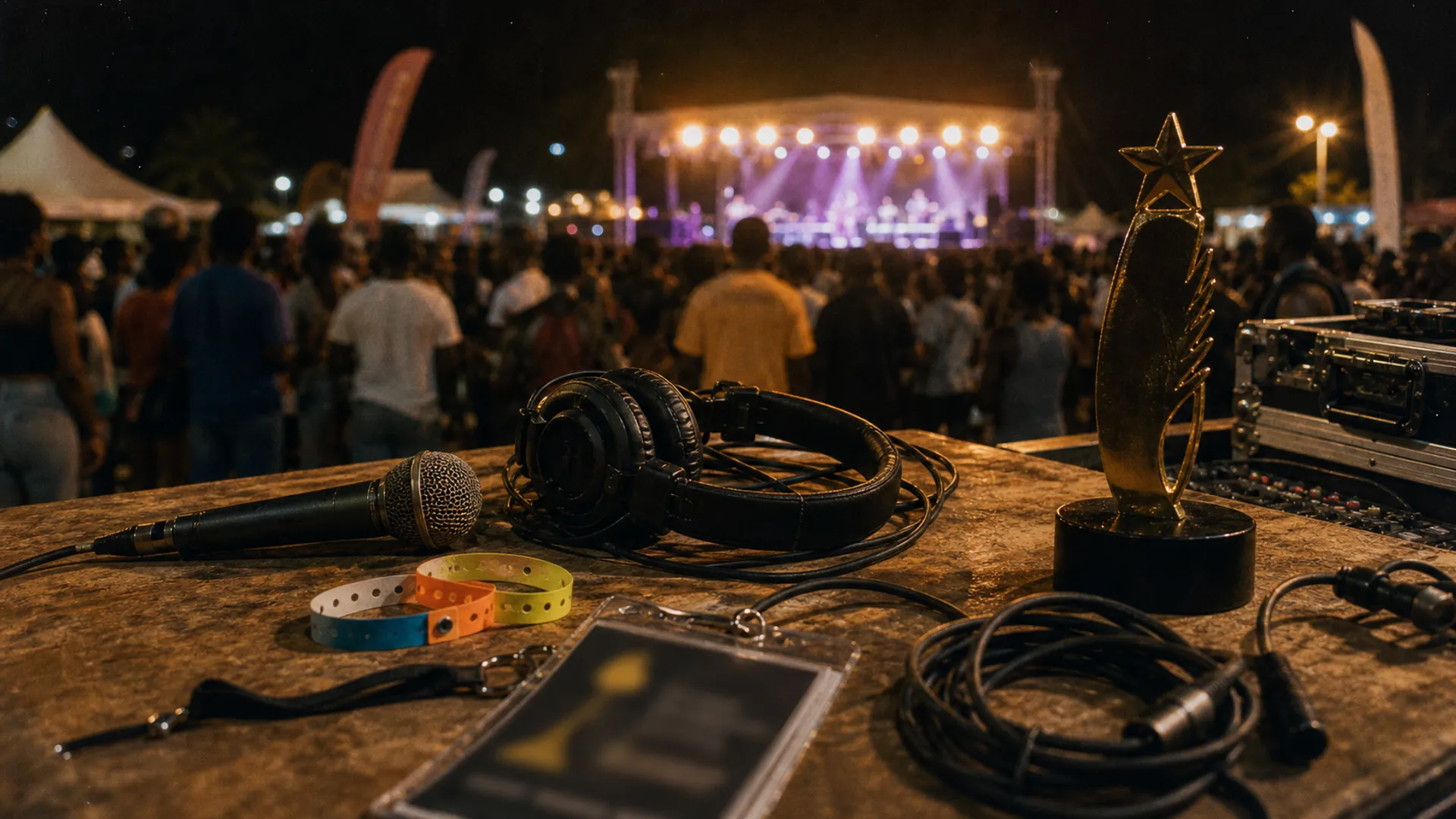 Caribbean festival backstage table with microphone, headphones, cables, wristbands, a subtle trophy and a blurred stage in the distance