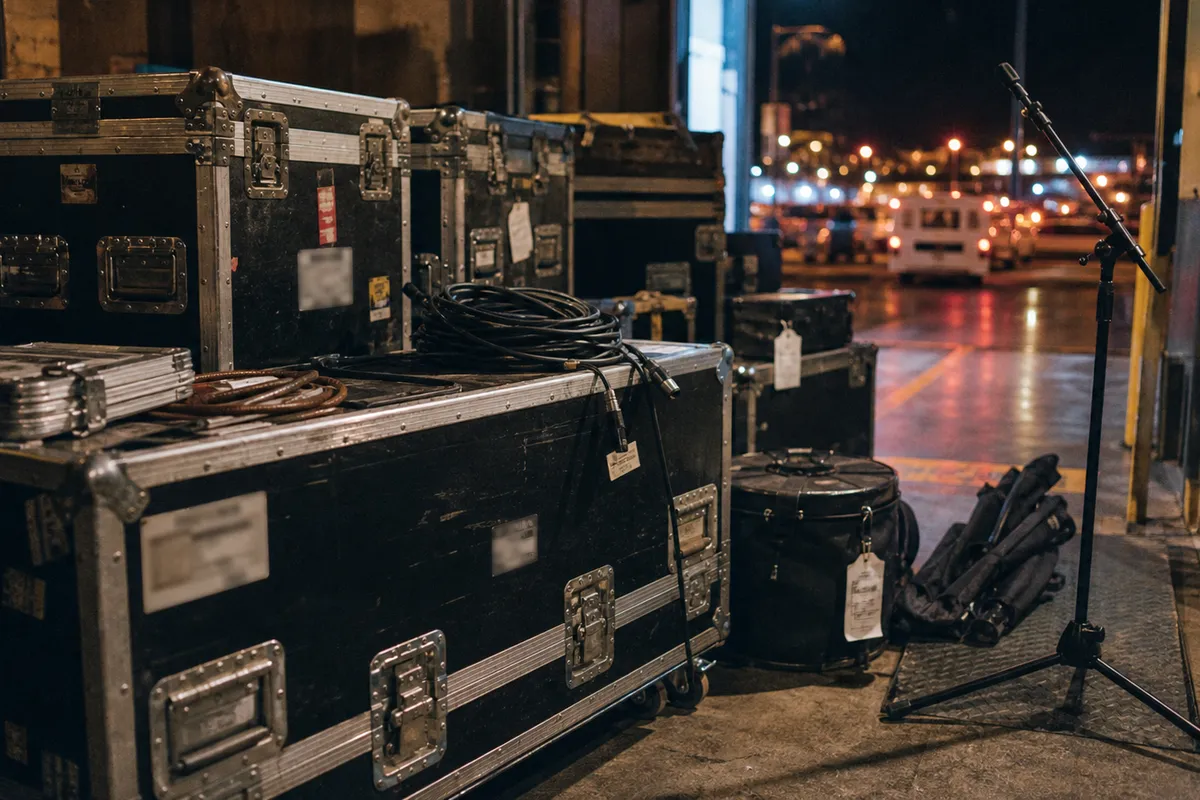 Flight cases, cables, microphone stand and stage equipment near an open venue door looking toward city lights