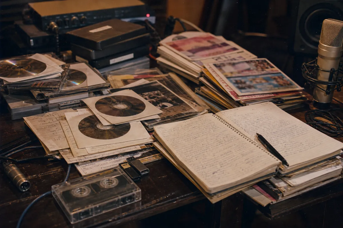 Music archive desk with blank CDs, cassette tape, unreadable notebooks, cables, hard drives and a studio microphone