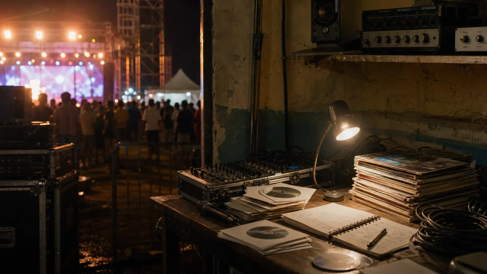 Threshold between a blurred festival stage and an archive table with cables, notebooks, blank CDs and old audio gear